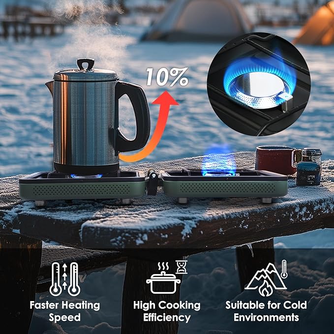 2 Burner Camping Stove with Carrying Bag, Foldable Propane Camp Stove with 17,200 BTU for Camping, Outdoor Cooking, Portable Gas Stove with Adjustable Burner for BBQ,Green with Windscreen