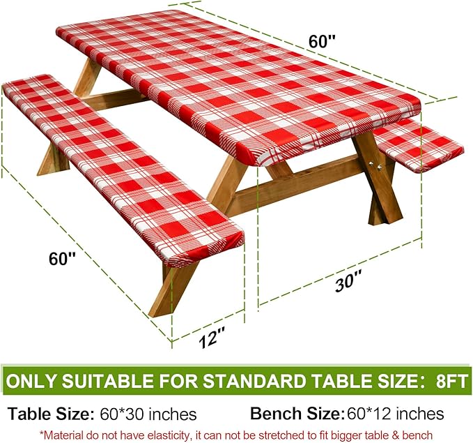 Picnic Table Cover with Bench Covers Camping Essentials Waterproof Windproof Camping Tablecloth with Drawstring Bag, Fitted Rectangle Tables and Seats, 60in, Red Checkered