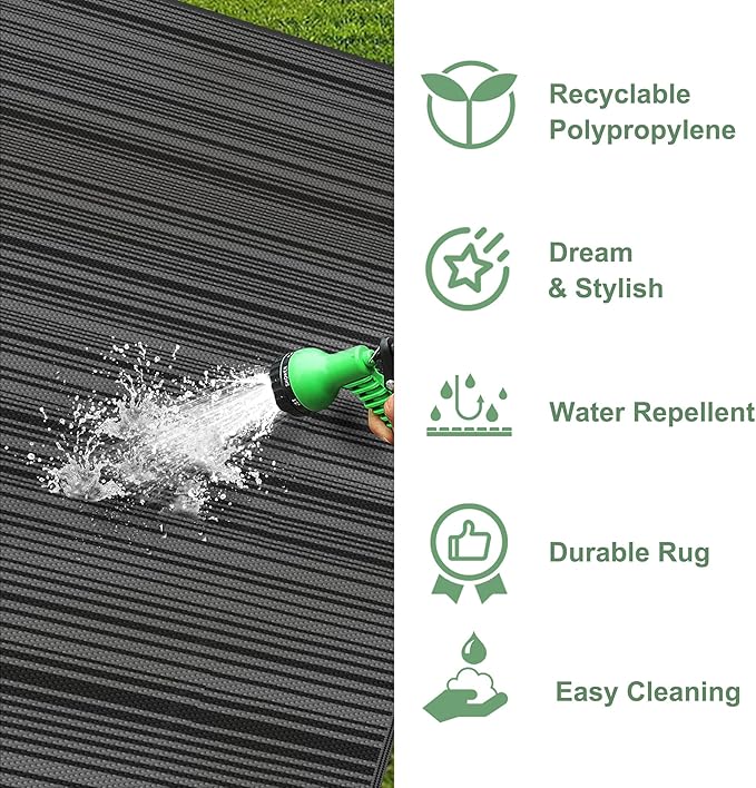 GENIMO Outdoor Rug for Patio Clearance, 8'x10' Waterproof Camping Mat, Reversible Plastic Straw Rugs for RV, Camper, Balcony, Backyard, Picnic, Deck (Black&Grey)