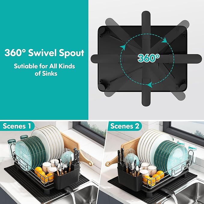 Black Stainless Steel Dish Drainers Drying Rack for Kitchen Counter with Drainboard Set, Rust Proof Metal, Space Saving, Modern Aesthetic, Compact Plates Strainers with Extra Mat