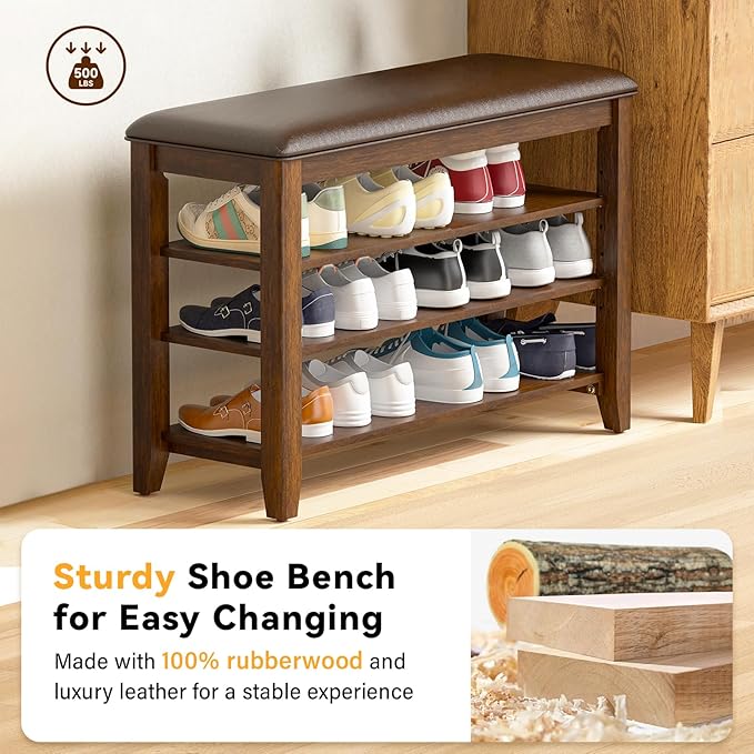 Entryway Shoe Storage Bench with Leather Cushion, Shoe Organizer Bench for Entryway, Ideal for Hallways Front Doors Entrances Mudrooms Featuring Rubberwood And 3 Height-Adjustable and Removable Shelve