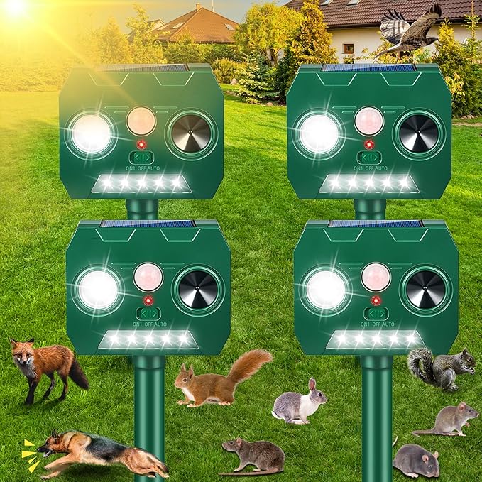 Ultrasonic Deer Repellent Devices Squirrel Raccoon Rabbit Cat Repellent Outdoor, Waterproof Solar Animal Repellent Sonic Fortress Pro with Motion Sensor Deterrent Light for Dog Skunk Rodent Possum (4)