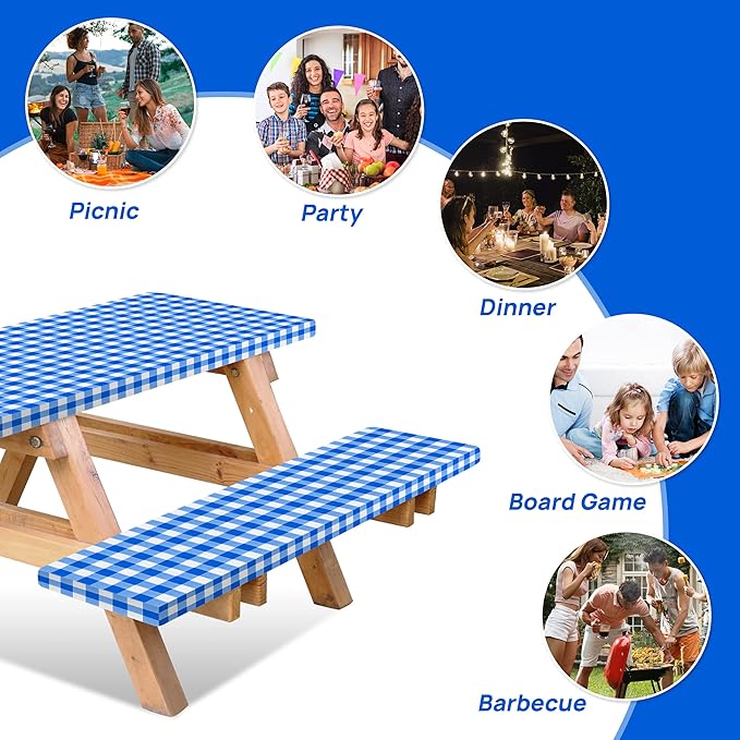RNOONY Vinyl Fitted Picnic Table Cover with Bench Covers and Bag, 6ft Outdoor Waterproof Picnic Tablecloth with Elastic Edges, 72x30 Inches 3 Pcs Set (Blue Checkered)
