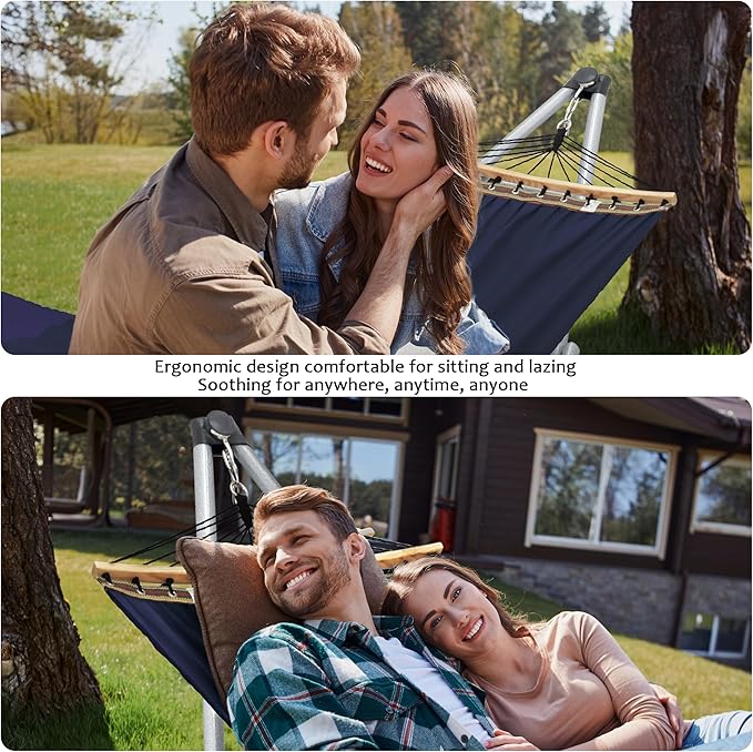 Tranquillo Ultimate Relaxation Portable Hammock Stand, Foldable Hammock Stand with Canvas Hammock, Spreader Bar, Quick Fold Unfold in 30 Seconds Steel Frame Hammock 600 lbs Capacity, White/Navy