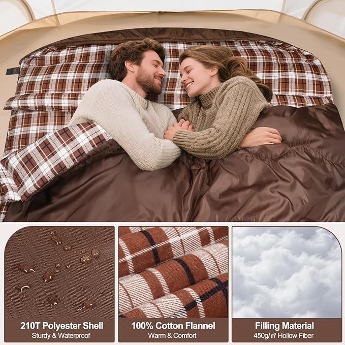 0 Degree Flannel Double Sleeping Bag for Adults, Couples or Family - Winter Queen Size Waterproof & Warm 2-Person Sleeping Bag for Cold Weather Camping, RV Travel