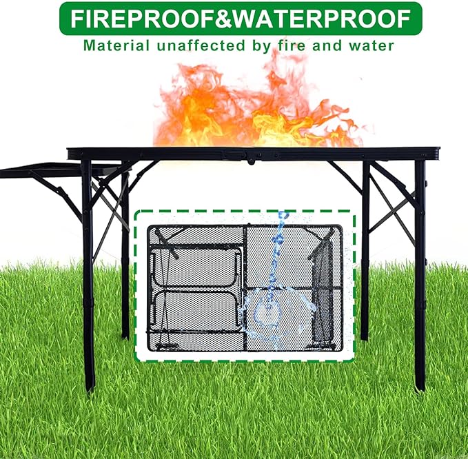 4ft Folding BBQ Table with Wing Plate, Height Adjustable Metal Table with Small Charcoal Grill, Portable Outdoor Table Removable to Two Tables (Bright Black)