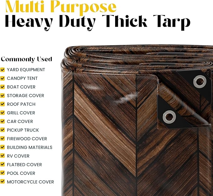 Core Tarps Extreme Heavy Duty 20 Mil Tarp Cover, Waterproof, UV Resistant, Rip and Tear Proof, Poly Tarpaulin with Reinforced Edges for Roof, Camping, Patio, Pool, Boat (Brown Wood/Black 8′ X 10′)