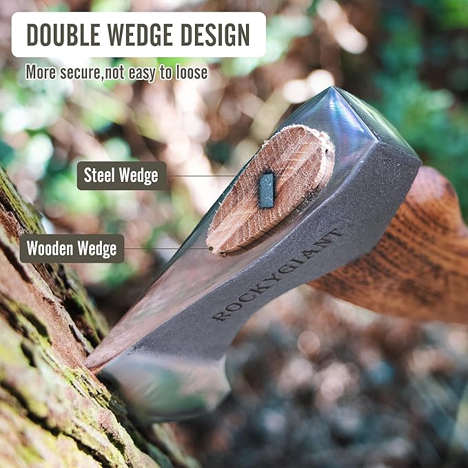 ROCKYGIANT 13'' Camping Axe with Sheath, Hand Forged Hatchet for Wood Chopping,Spling and Kindling, Brushcraft Axe for Outdoor Survival and Garden, Hickory Wood Handle