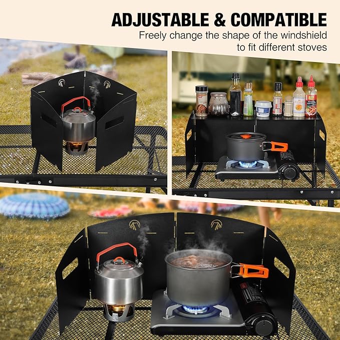 REDCAMP Portable 4-Panel Steel Camping Stove Windscreen, Foldable Windproof Outdoor Gas Stove Windshield with Storage Bag for Camping, Hiking, Backpacking, Picnic, Cooking (Black)