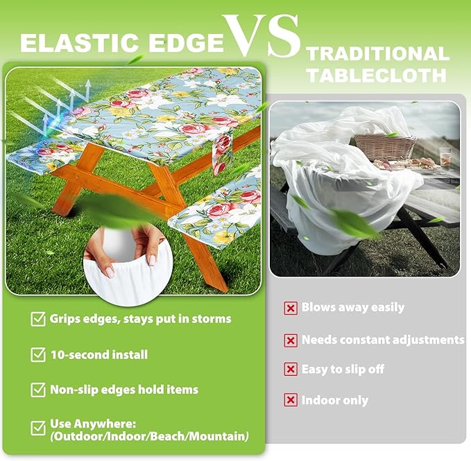 Fitted Picnic Table Cover with Bench Covers Set, Waterproof Lightweight Rectangle 96in Folding Table Cloths Canopy Shade Slipcover Cool Unique Fun Camping Gift for Camper Women Men Family Rv Owners