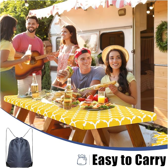 Smiry Picnic Table Cover with Bench Covers, Waterproof Elastic Fitted Tablecloth for 6 Foot Tables, Washable Polyester Tablecloths for Camping, Indoor & Outdoor (Yellow Morocco, 30x72 Inch 3-pc Set)