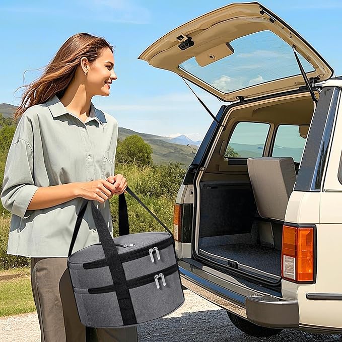 Round Double Insulated Casserole Carrier, Pie Carrier Bag, Portable Casserole Carrier for Hot or Cold Food Lunch Tote, Lunch Bag for Parties Picnic, Fits 12.5" Baking Dish, Grey