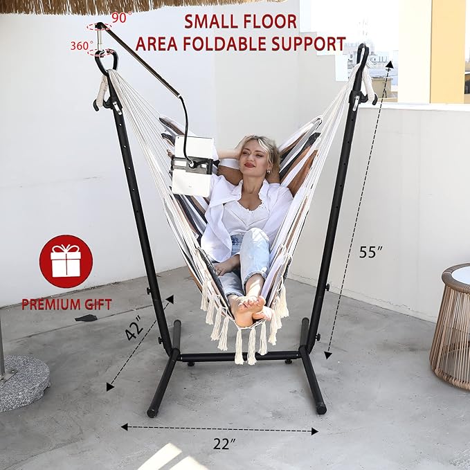 ZEYU Hammock Chair with Stand Double Hammock Chair Bohemian Style with Tassel Mobile Phone Support Manual Adjustable Swing Indoor and Outdoor Garden Porch with Floor mat Reclining Capacity 400 pounds