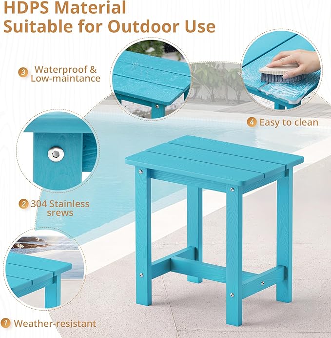 LUE BONA Outdoor Side Table, HDPS Small Outdoor Adirondack Side Tables, Outside End Table for Patio, Porch, Deck, Pool, Weather Resistant/Easy Maintenance, Sky Blue