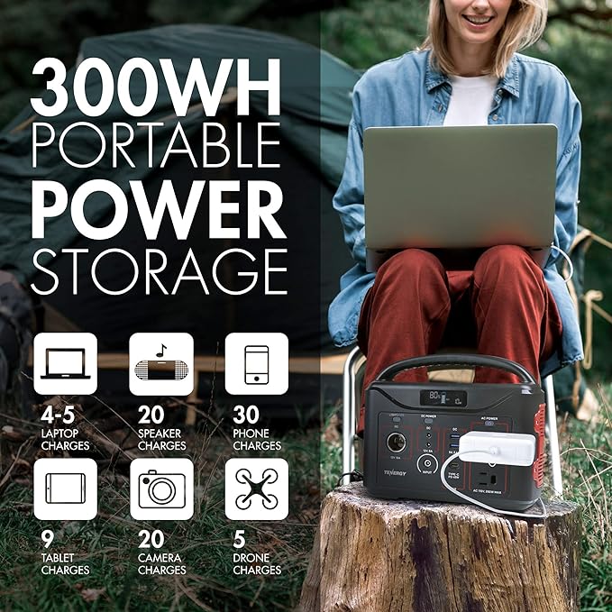 Tenergy T320 Portable Power Station, 300Wh Battery, 110V/200W (Surge 400W) Two Pure Sine Wave AC outputs, USB type C PD 45W, Solar Ready Mobile Power for Outdoors Camping Vans RV, Emergency Backup