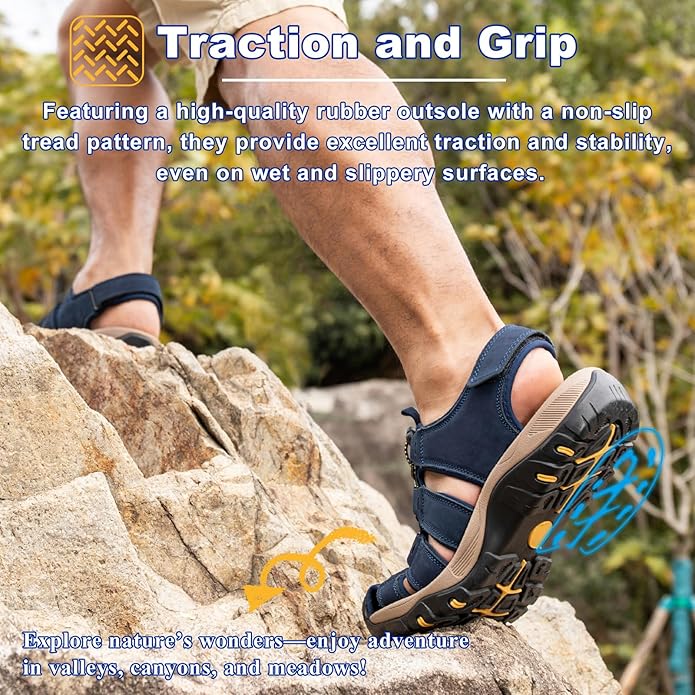 Men's Sport Sandals Closed Toe Leather Hiking Athletic Walking Outdoor Beach Trail River Fishing Water Shoes Lightweight Comfortable Waterproof