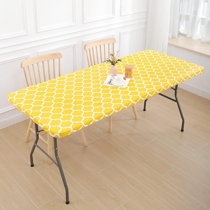 Smiry Rectangle Picnic Table Cover, Waterproof Elastic Fitted Camping Tablecloths for 5 Foot Tables, Wipeable Flannel Backed Vinyl Tablecloth Protector for Indoor, Outdoor (Yellow, 36x60 Inches)