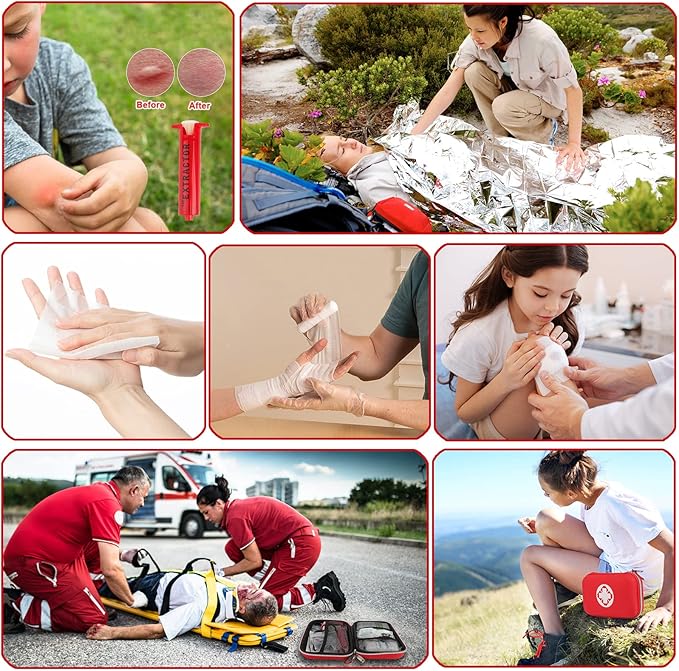 Snake Bite Kit, Bee Sting Kit, Emergency First Aid Supplies, Venom Extractor Suction Pump, Bite and Sting First Aid for Hiking, Backpacking and Camping. Includes Bonus CPR face Shield (Red)