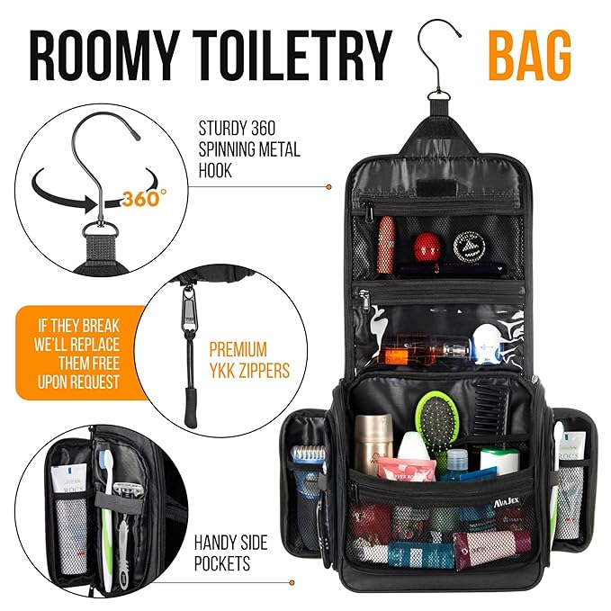 Travel Toiletry Bag for Men and Women - Large Hanging Toiletry Organizer - Waterproof Hygiene Bag with Metal XXL Swivel Hook, with Sturdy Zippers and 19 Compartments for Toiletries, Makeup, Cosmetics