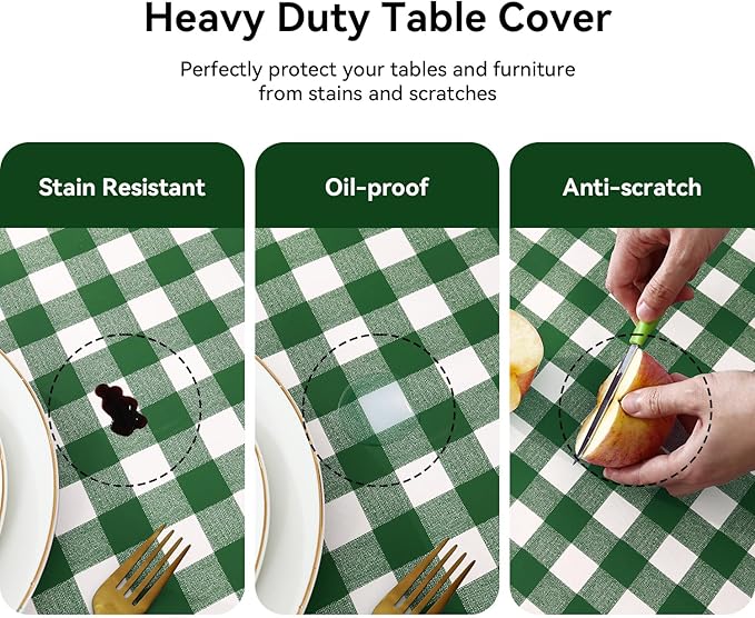 Romanstile Rectangle Vinyl PVC Tablecloth, 100% Waterproof Buffalo Plaid Plastic Table Cloth, Oil Proof Heavy Duty Wipeable Table Covers for Dining/Camping/Picnic/Outdoor - 60 x 84, Green and White