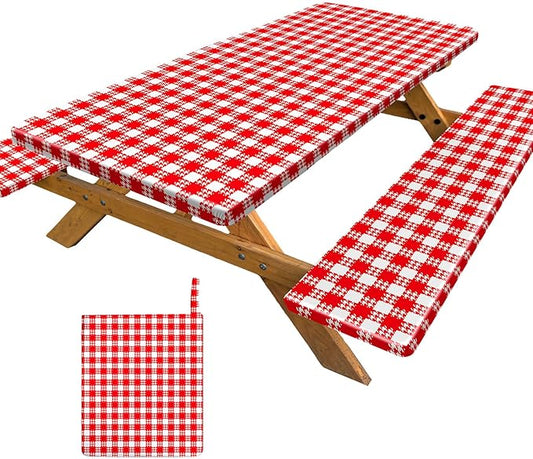 Picnic Table Cover with Bench Covers Portable Table Cloth Built-in Storage Pocket Picnic Table Covers with Elastic Waterproof Camping Essentials for RV Camping