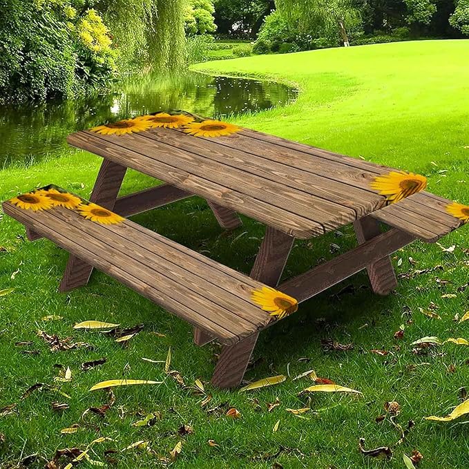 CAPSCEOLL Picnic Table Cover with Bench Covers Waterproof Camping Tablecloth All-Weather Outdoor Table Protector with Drawstring Bag for Camping Essentials, 72X30in, Wooden Sunflowers