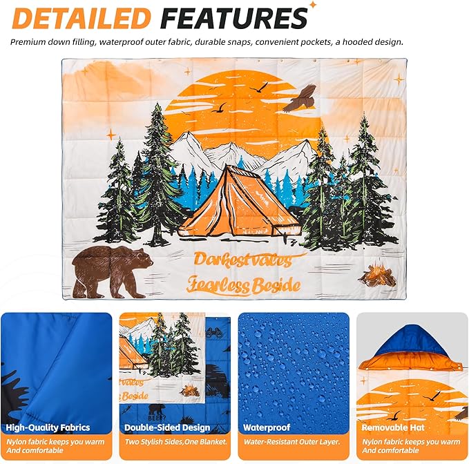 Puffy Camping Blanket with Detachable Hooded Snap-Poncho Waterproof Double-Sided Printed Reversible for Travel, Hike Cold Weather, Bear