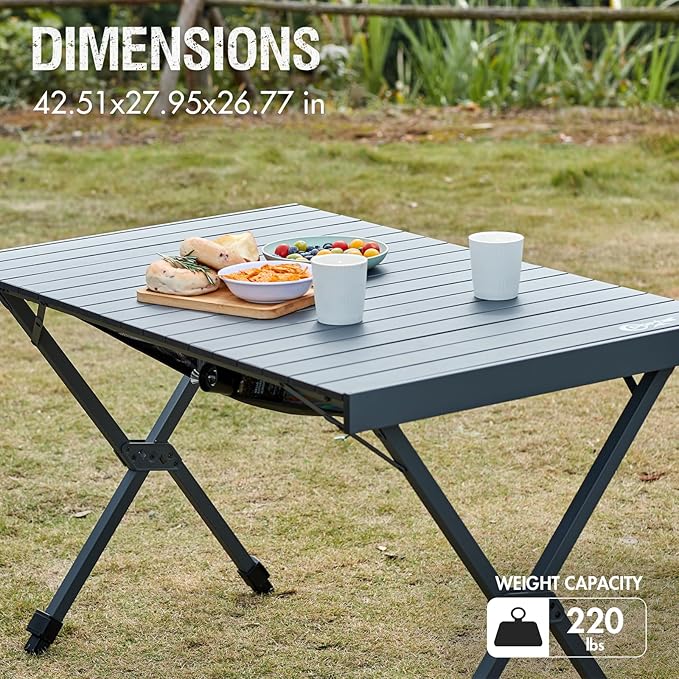PORTAL Folding Outdoor Camping Table with Adjustable Height, Aluminum Roll-Up Top and Carry Bag, Big Large Portable Tables for Picnic, BBQ and Tailgating, Dark Gray
