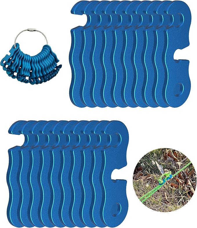 Rope Tensioner Aluminum Alloy Camping Tent Guyline Cord Adjuster Camping of Gear for Camping, Hiking, Backpacking Ultralight Tent Stakes Guy Lines (Blue, 20 Pack)
