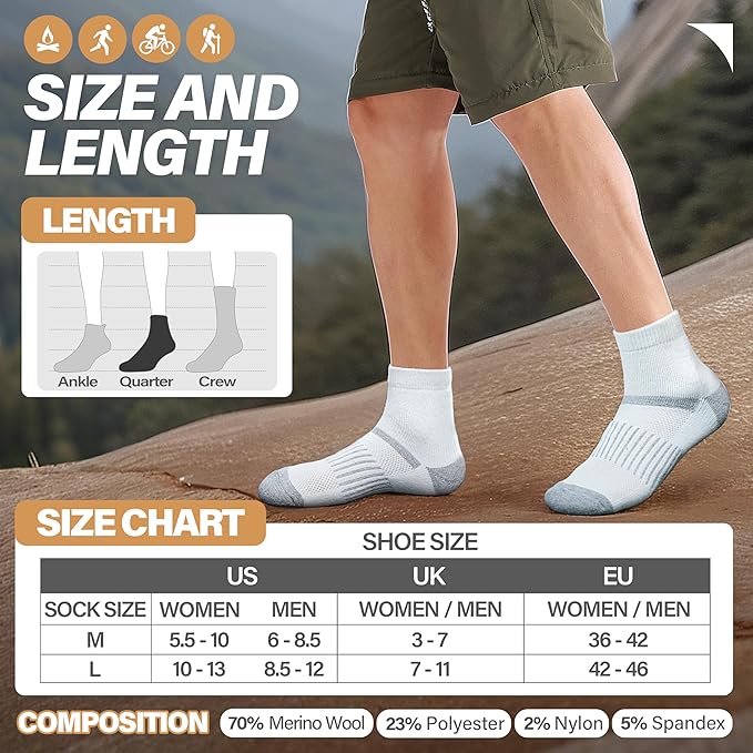 6 Pairs Merino Wool Ankle Running Hiking Socks Compression Support Breathable Thick Cushion No Show Socks for Women Men