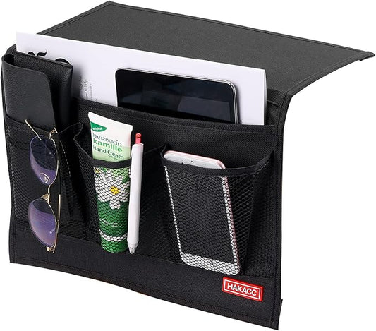 HAKACC Bedside Storage Organizer with Pockets，Bedside Caddy,Remote Control Holder Armchair Couch Caddy Sofa Armrest Bag，bed accessories,Black