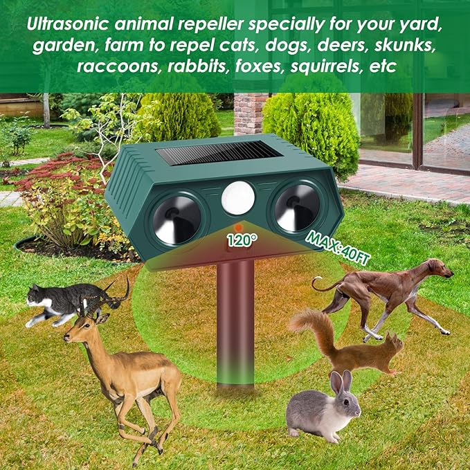 4 Pack Solar Ultrasonic Animal Repellent Outdoor,Cat Deterrent Deer Repellent Devices with Motion Detection,Waterproof Repeller for Raccoon Squirrel Rabbit Dog Skunk,Yard Garden Protection