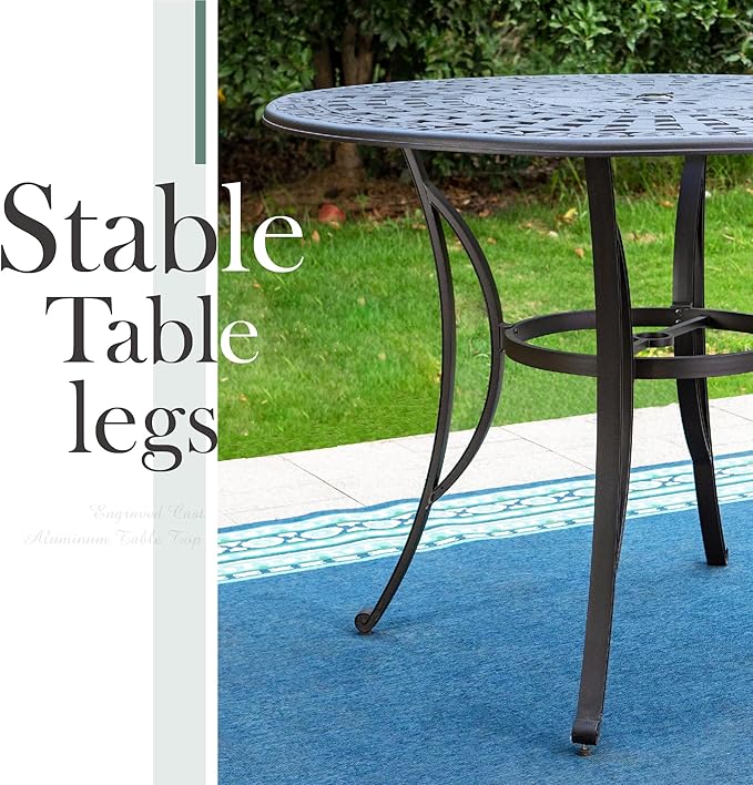 PHI VILLA Cast Aluminum Round High Bar Dining Tables for 6 Person, 54" Dia Engraved Cast-Top Aluminum Table with 2.1" Umbrella Hole, Patio Bar Height Table for Lawn Garden