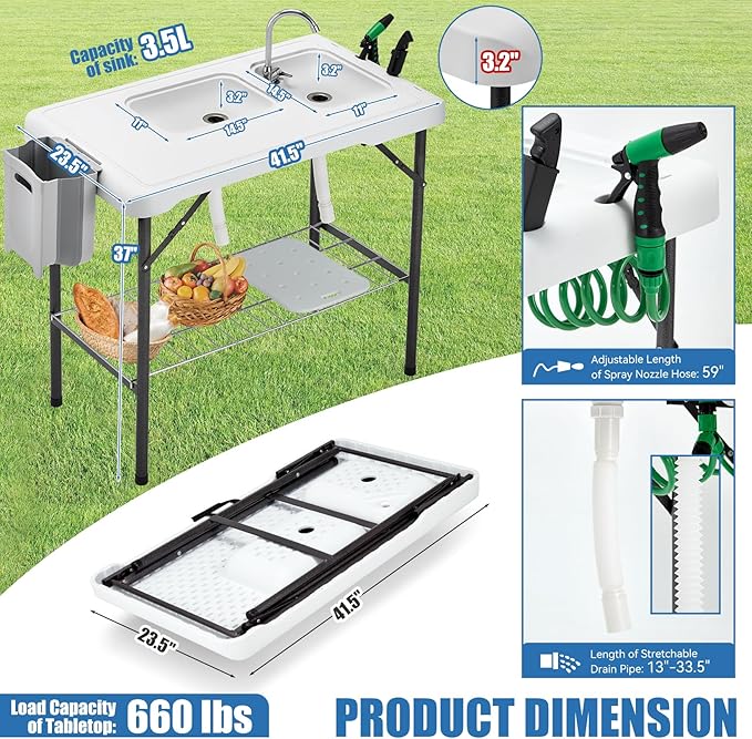 Folding Fish Cleaning Table Portable Camping Double Sinks Table w/2 Dual Water Basins, Faucet Drainage Hose & Sprayer Outdoor Fish Fillet Cleaning Station w/Knife, Storage Box,Black