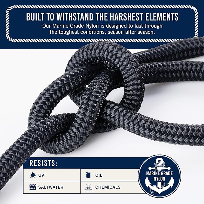 RainierSupplyCo Boat Anchor Rope - Double Braided Marine Rope Anchor Line - 50 ft x 1/4 Inch Nylon Boating Line with 316 Stainless Steel Thimble and Heavy Duty Marine Grade Snap Hook - Black