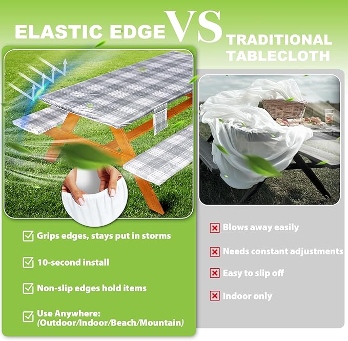 Fitted Picnic Table Cover with Bench Covers Waterproof Elastic Edges Rectangle Patio Tablecloth Outdoor Camping Essentials Stuff Rv Accessories Summer Trip Travel Camper Gifts for Woman Men, 72in 6 ft