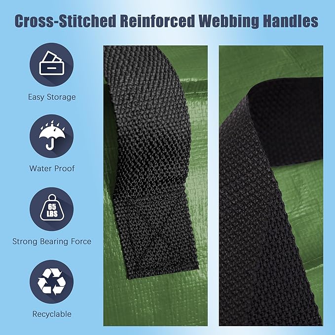 4 Pack Large Strong Moving Bags with Zippers & Carrying Handles - Water-Resistant - Heavy Duty Storage Tote for Space Saving, Fold Flat, Alternative to Moving Box (Olive Green)