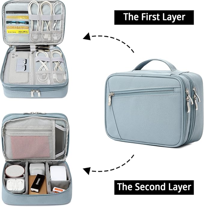 mygreen Electronics Travel Organizer, Watreproof Electronic Accessories Case Portable Double Layer Cable Storage Bag for Cord, Charger, Flash Drive, Phone, Ipad Mini, SD Card, Gifts for Him Grey