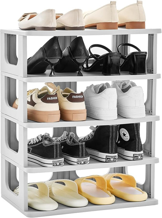 TRZZ 5-Tier Small Shoe Rack, Vertical Narrow Stackable Organizer with Removable Partition, Efficient Shoe Storage for Closet, Entryway, and Small Spaces (Grey)