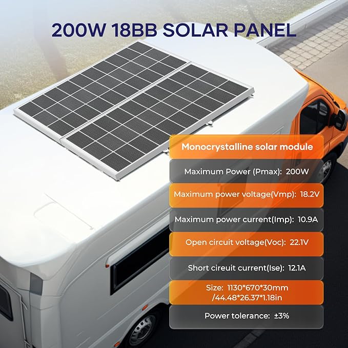200 Watt Solar Panel 18BB N-Type 5Pcs 1000W Solar Panel 12V 24.3% High Efficiency Monocrystalline PV Module for RV Camper Marine Home Rooftop Power Station Off-Grid Systems