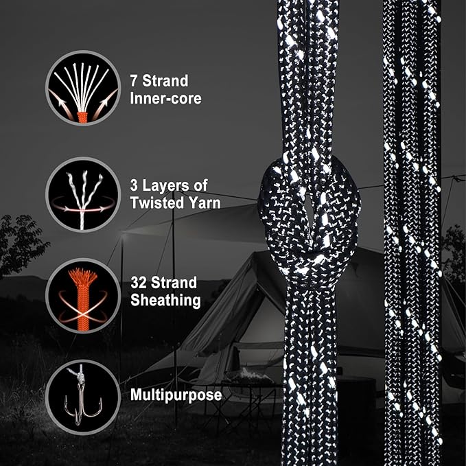 WEREWOLVES Reflective Paracord Rope 7 Strand Type III Parachute Cord 4mm 100ft / 200ft for Tent Camping Hiking Fishing Survival Tactical Clothesline DIY Projects