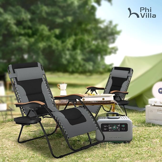 PHI VILLA XXL Oversized Padded Zero Gravity Chair, Foldable Patio Recliner, 30" Wide Seat Anti Gravity Lounger with Cup Holder, Set of 2, Support 400 LBS (Gray)