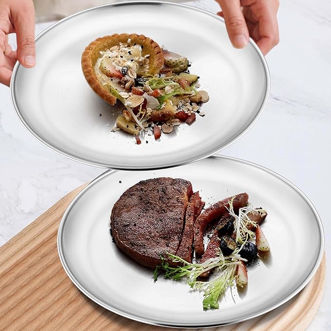 Homikit Stainless Steel Kids Plates Set of 4, 8 Inch 304 Metal Dinner Plates for Kids Toddler Children, 4-Piece 18/8 Non Toxic Dinner Dishes Set for Serving Camping, Dishwasher Safe & Reusable