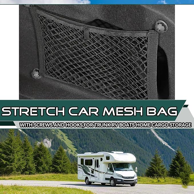 JINGKE 2 Pcs Small Cargo Net Pocket Elastic Mesh Netting Car Mesh Pouch with Screws and Hooks for Trunk RV Boats Home Cargo Storage (17.7'' x 9.8'')
