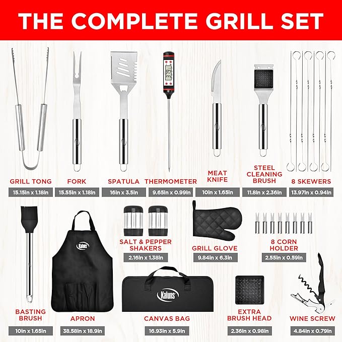 Kaluns Grilling Accessories, Dad Gifts for Christmas Grilling Gifts, Heavy Duty Stainless Steel Grill Set BBQ Grill Accessories for Outdoor Grill with Meat Thermometer, Case and Apron