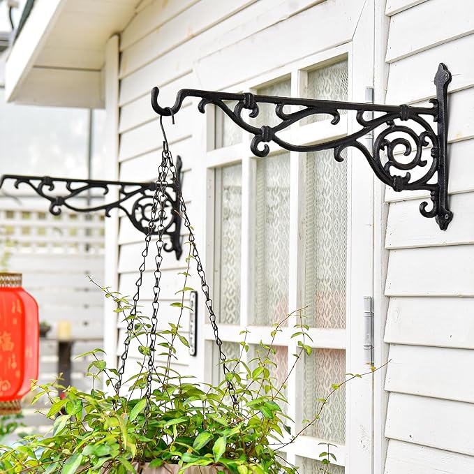 Sungmor Cast Iron Hanging Plant Bracket, 16.5" Large Outdoor Wall Plant Hangers, 2pcs Black Heavy Duty Hanging Basket Hooks, Decorative Hooks for Flower Pot, Lantern, Wind Chime, Hummingbird Feeder