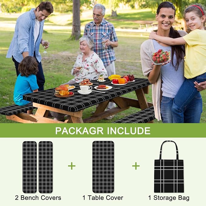Picnic Table Cover with Bench Covers Camping Tablecloth with Storage Bag Windproof Waterproof Picnic Table Covers with Elastic for Camping