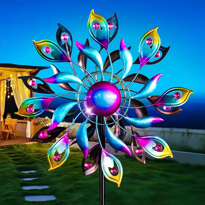 51.9" Peacock Solar Wind Spinner Outdoor Decor – Waterproof LED Lighted Garden Art with Adjustable Metal Pole, IP65 Weather Resistant for Yard, Patio