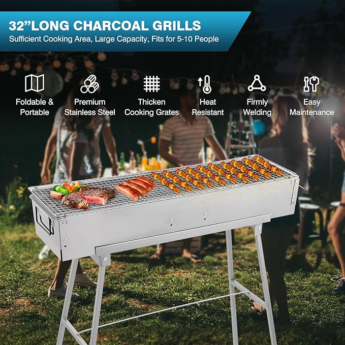 IRONWALLS Portable Charcoal Grills, 32" x 8" Stainless Steel Folded Camping Grill Kebab Skewer BBQ Barbecue Grill Kit for Garden Backyard Party Picnic Travel Home Outdoor Cooking Use