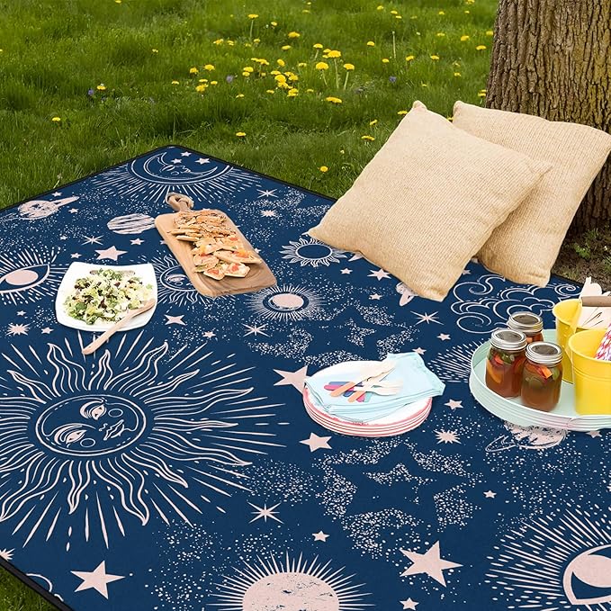 Gothic Picnic Blankets Waterproof Foldable,80″X80″ Sun and Moon Thick Picnic Mat Outdoor Blanket for Grass,Blue Large Beach Blanket Sandproof Picnic Accessories for Camping Picnic Party Park